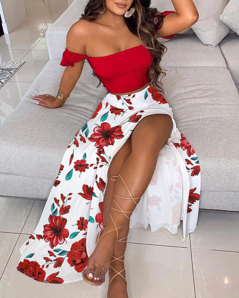 

Sexy 2PCS Set Women Elegant Off Shoulder Ruffles Top & Floral Print High Slit Skirt Set