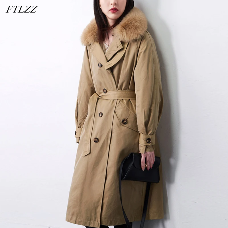 

FTLZZ New Winter Natural Fox Fur Thicken Long Trench Down Jacket Women 90% White Duck Down Coat Feather Puffer with Belt