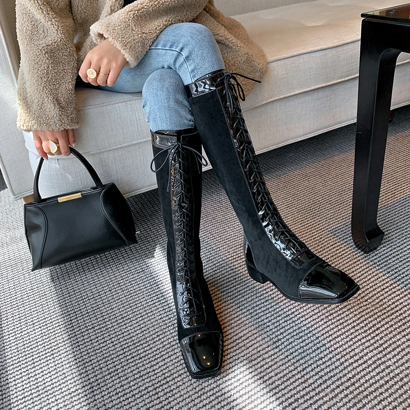 

CONASCO Fashion Genuine Leather New Women Knee-High Boots Autumn Winter Cross-Tied Shoes Woman Back Zipper Long Boots