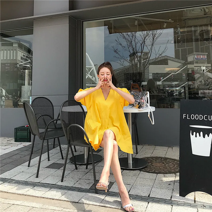 

Dress Candy Color Fresh Loose V Neck Puff Short Sleeve Dress Women Short Irregular Hem Wild Vestido Feminino Casual Sweet