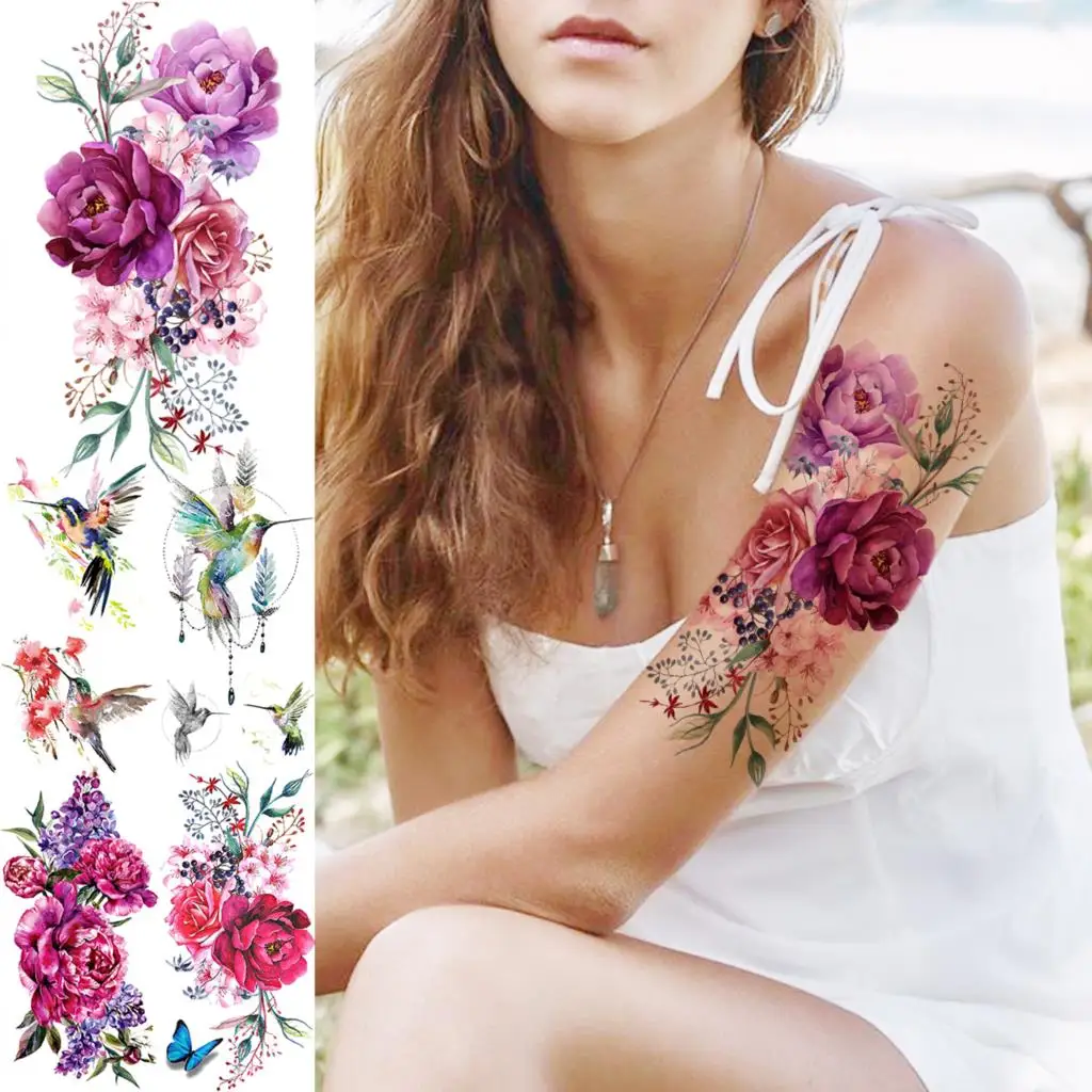 Временные татуировки для женщин акварельные пионы цветы колибри Бабочка Далия