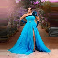 elegant long tulle ball gown prom dresses aso ebi style plus size side split soft tulle big bow evening gowns