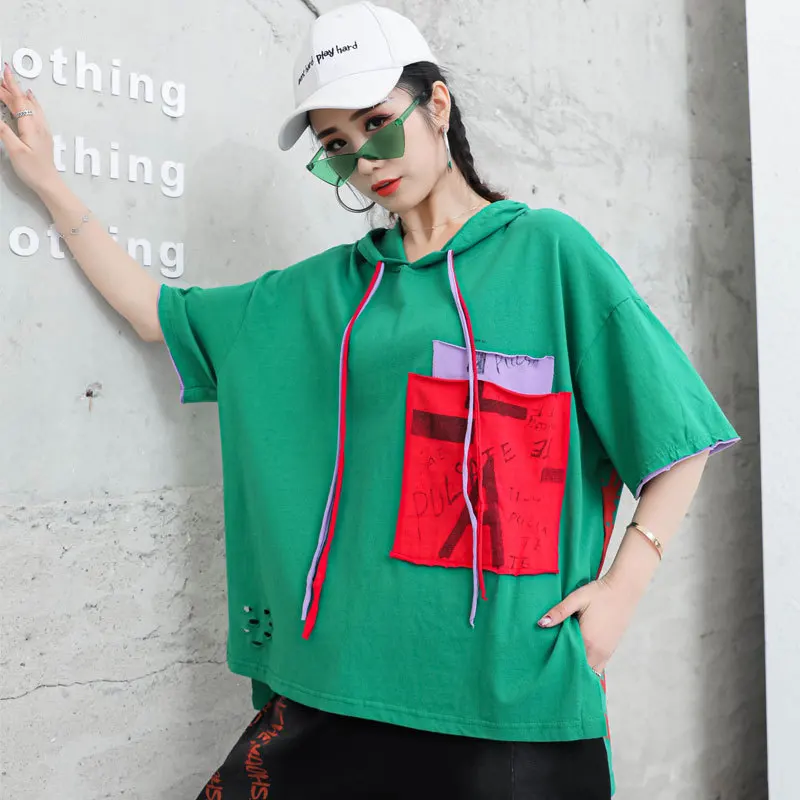 

Ladies Patchwork Pockets Tops Summer New 2021 Fashion Women Hooded Loose Tee Shirts Female Punk Holes T-shirts Big Size Casual