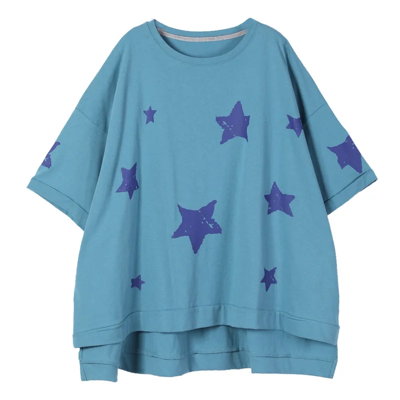 

Masss Wasss Summer Design 2021 New Tees Ladies Pentagram Printed Blue Tshirts Womens Loose Casual Short Sleeve Tops Plus Size