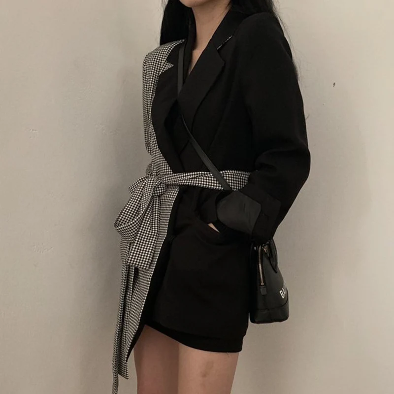 Женские блейзеры корейский Ретро Модный костюм клетчатые Женский с поясом на
