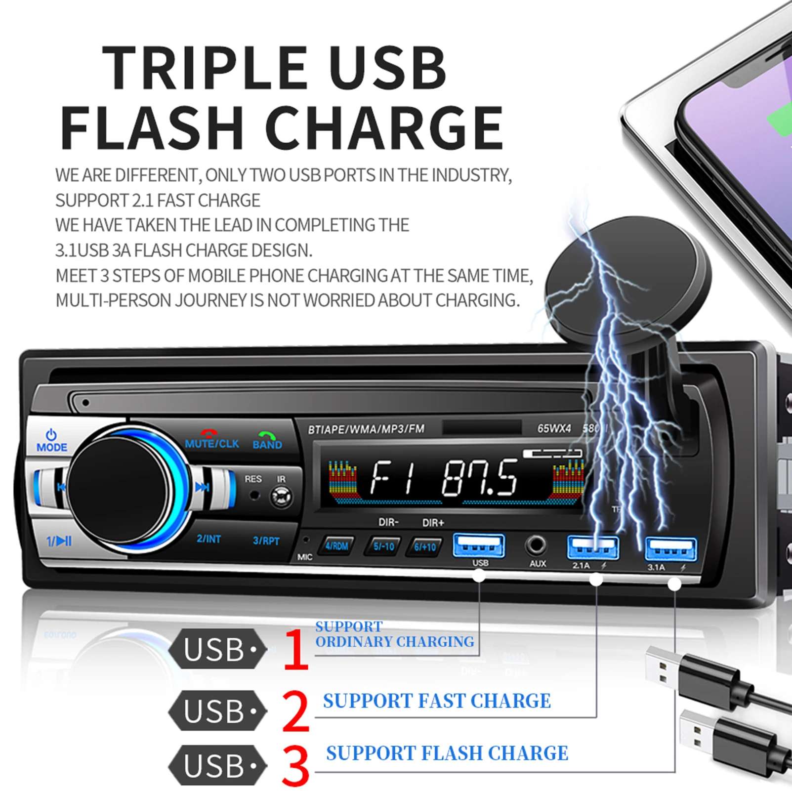 

DC12V 580 Universal 3 USB Intelligent Bluetooth Car Radio FM MP3 Player Transmitter with Bracket Car Accessories Interior