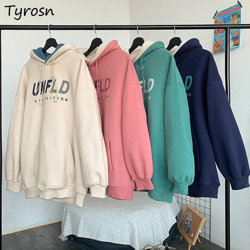 

With Hat Hoodies Women Korean Fashion All-match Keep Warm Lambswool Thicker Loose Letter Printing Sweatshirts Couples Streetwear