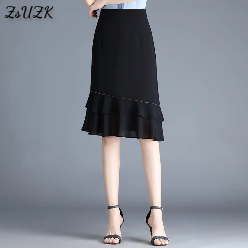 

Lady Solid Chiffon Mermaid Skirt Summer Cool High Waist Female Slim Skirt Slimple Elegant Office Lady Skirt Black