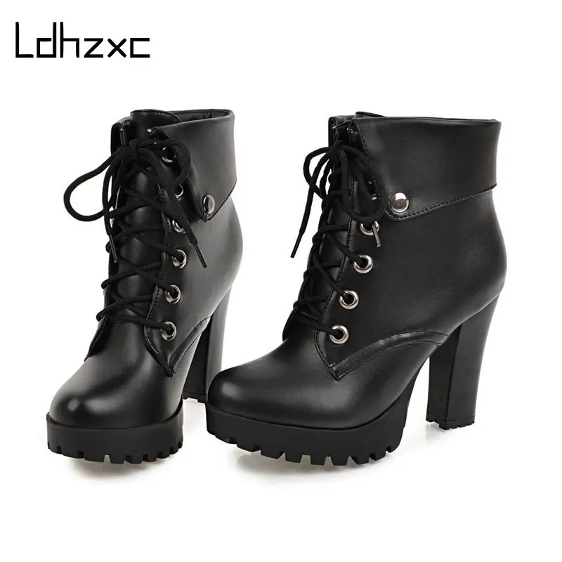

LDHZXC Top Quality Black Pu Leather Boots Women Free Shipping Female Autumn Shoes Zipper Platform Boots High Heel
