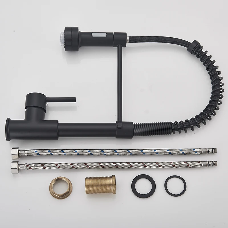 

Deck Mounted Matte Black LED Kitchen Sink Faucet Spring Hot and Cold Water Tap Pull Kitchen Crane