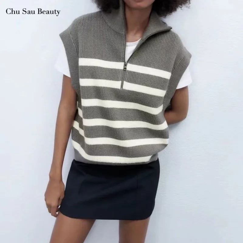 

Chu Sau Beauty New Za Women Striped Sweater Vest Fashion Zipper Pullover Casual Loose Knit Outer Wear Sleeveless Vest
