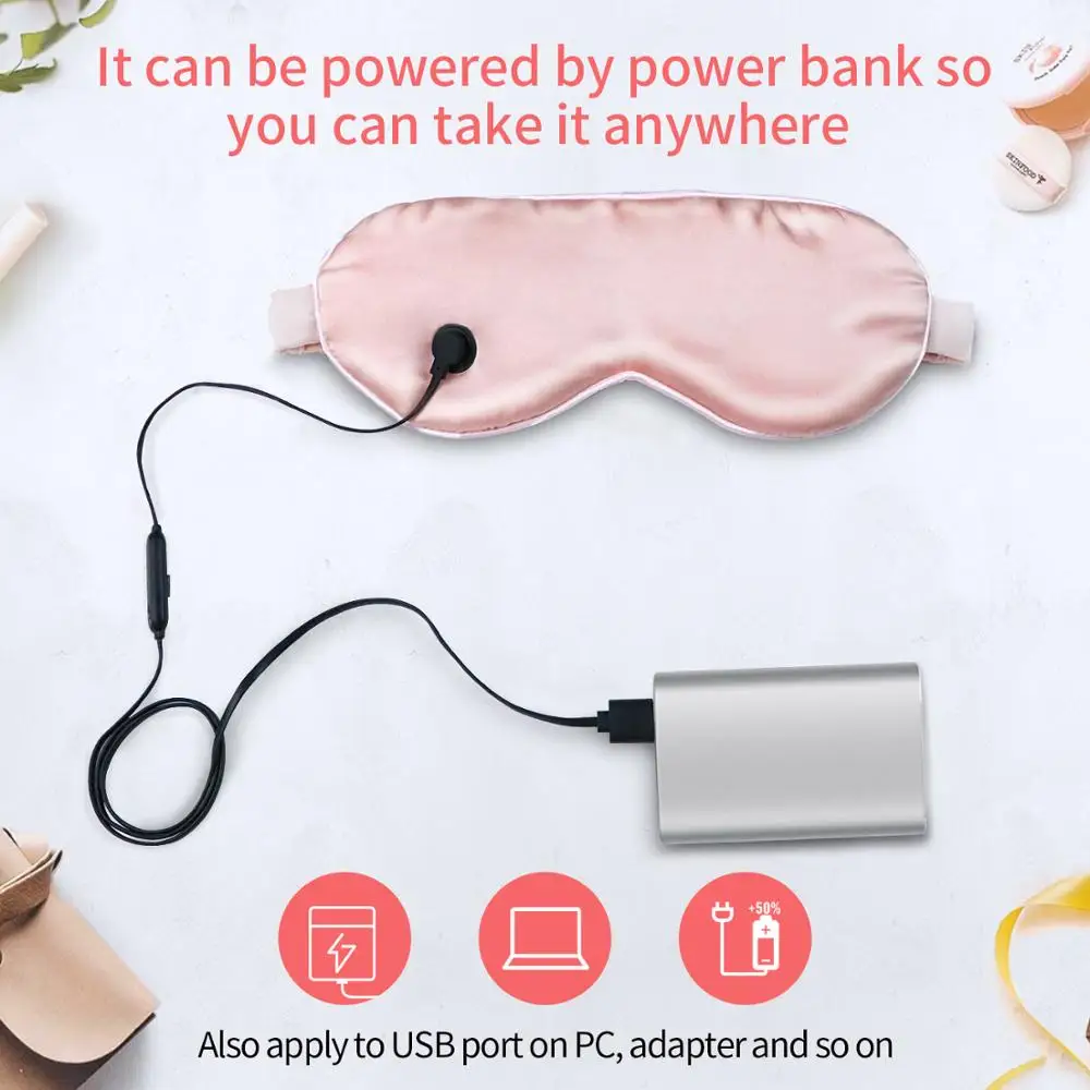 Маска для глаз шелковая с USB-магнитом многоразовая сна и сухого розовая |