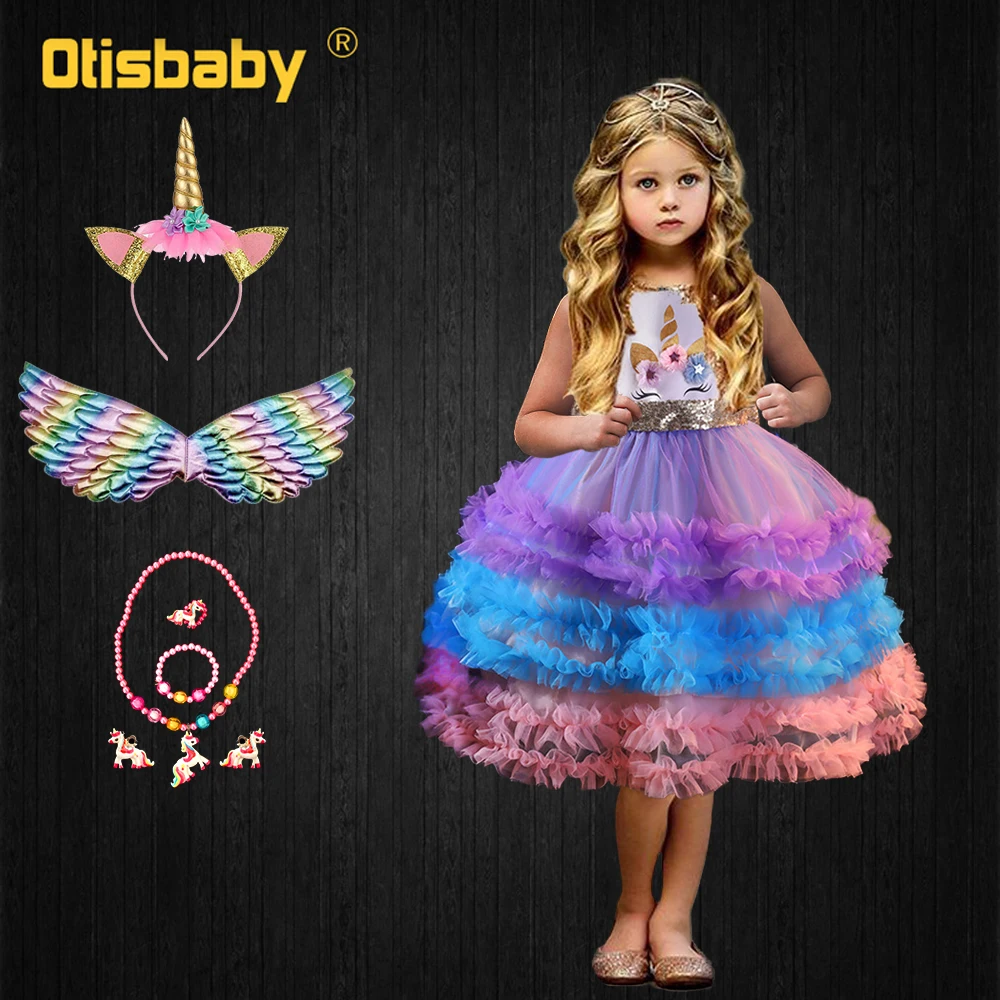 Платье с рождественским единорогом для девочек вечерние Многоярусное