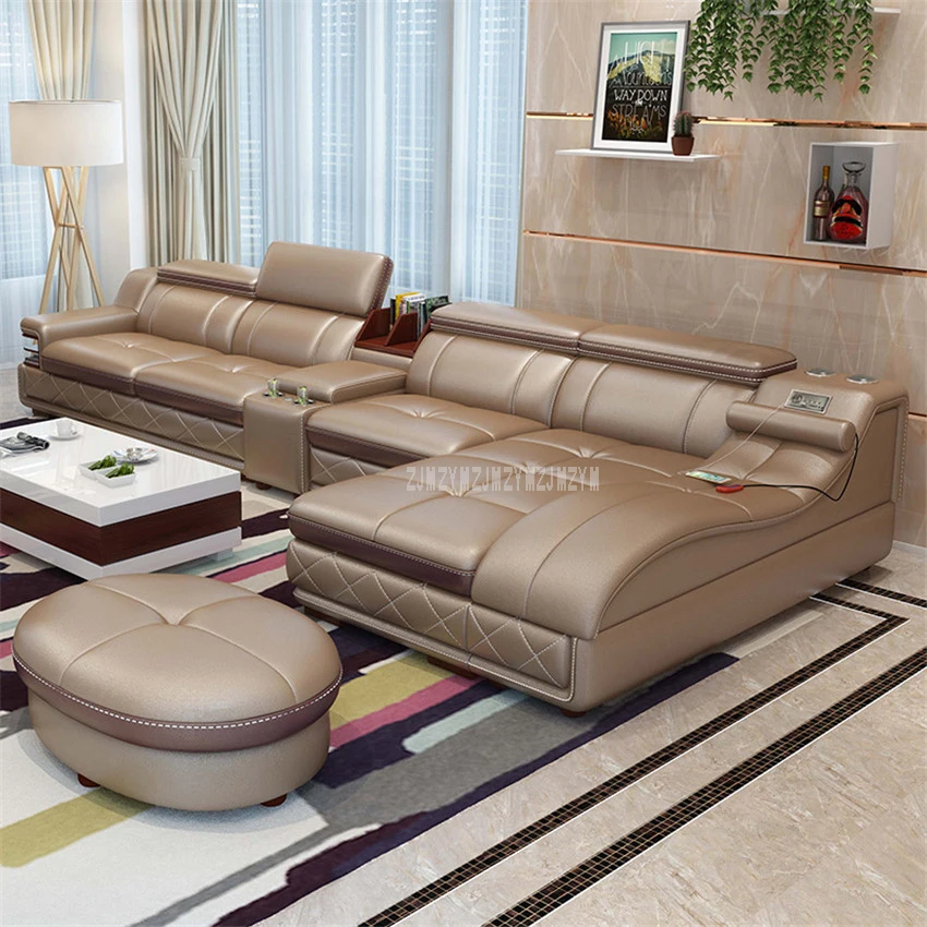 

Комплект кожаного дивана для гостиной с функцией массажа, 4-местный вращающийся стул, мебель для дома, современная мягкая губка, L-образная ф...