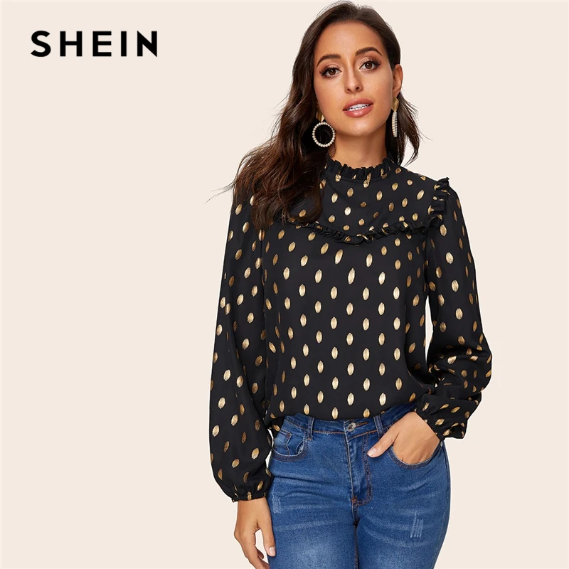 SHEIN черная блузка с оборкой и рукавом-фонариком, с золотым принтом в горошек, женская блузка, весенний сезон осень, со стоячим воротником, элегантные офисные женские блузки