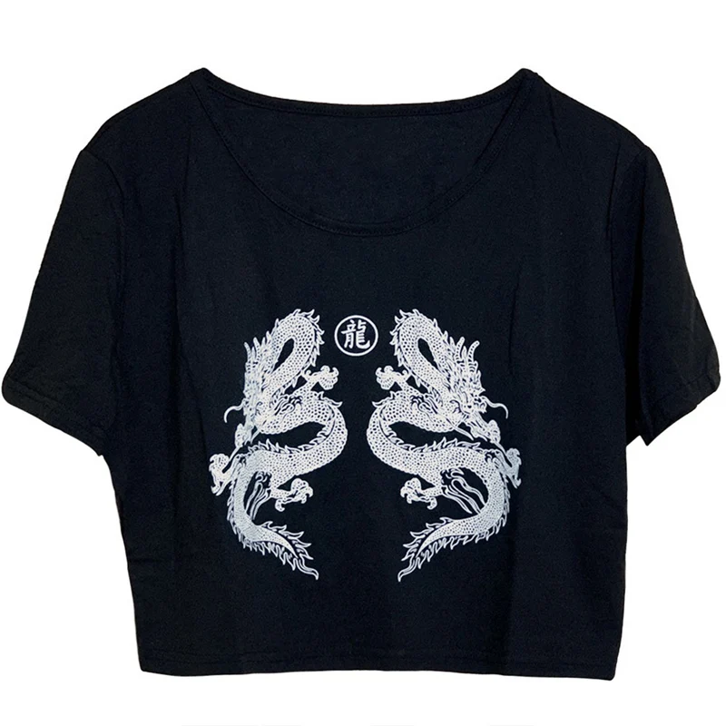 

SHUJIN T-shirt E-girl Crop Top Goth Harajuku Women's T-shirts Stitch Dragon Print Crop Tops Summer Style O-neck Short Sleeve New