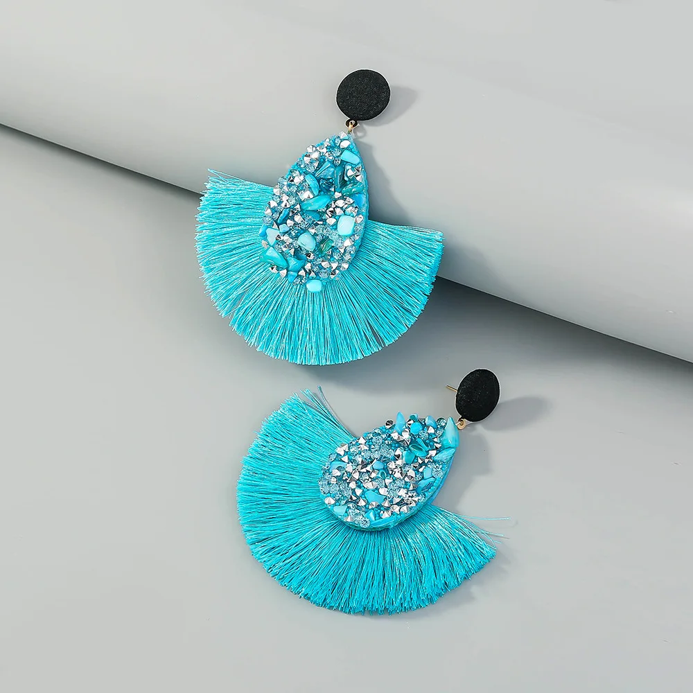 

Hot sale of White stone inlaid tassel earrings with Bohemian holiday pendant fan earrings