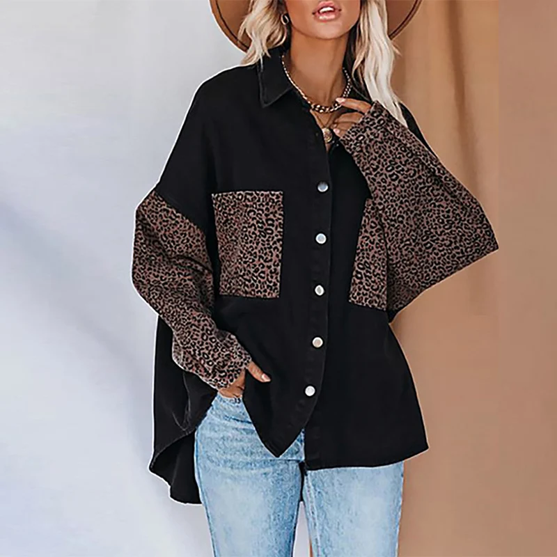 

Ladies casual shirt jacket spring and autumn fashion leopard print stitching women's denim jacket pocket loose long-sleeved sing
