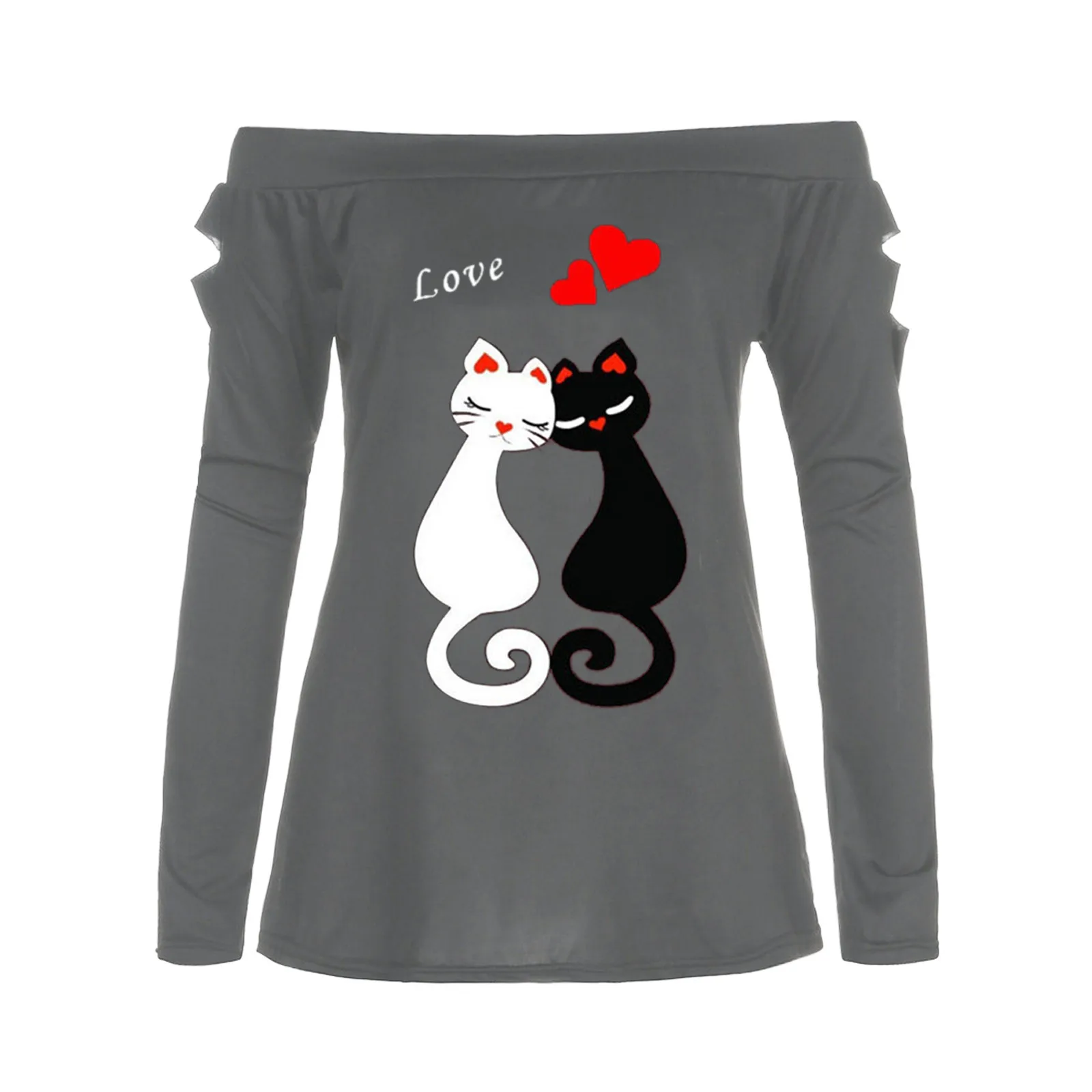 

Fashion Cat Love Print Blouse Shirt Cold Shoulder Tops Tee Summer Casual Ladies Tops Female Women Long Sleeve Blusas Pullover