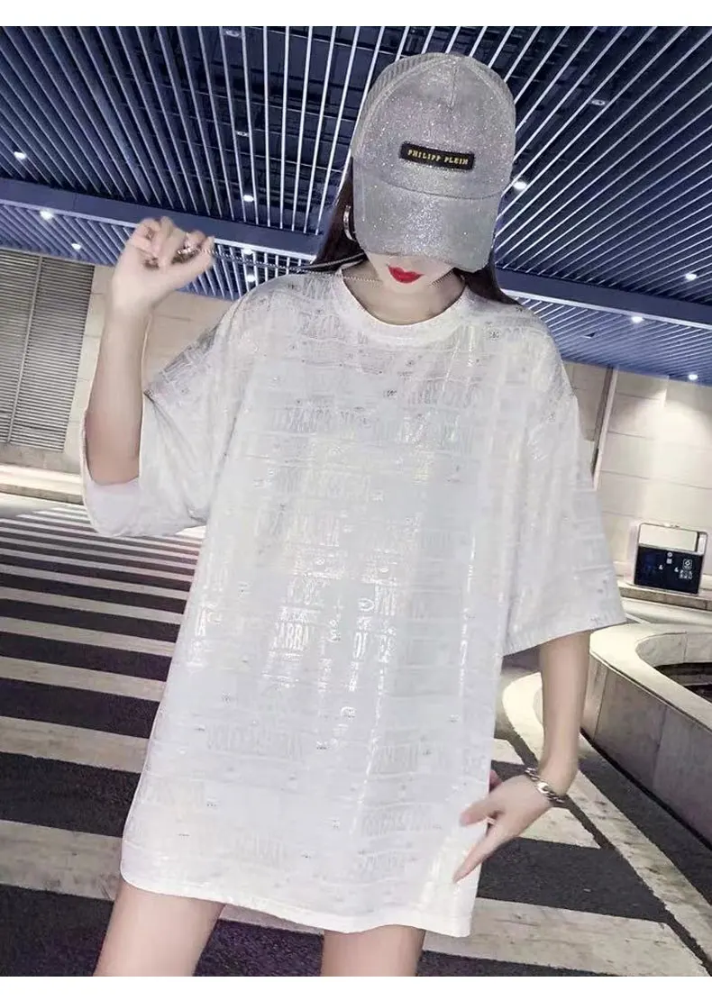 

2021 Summer European Large Ins Gilding Short-Sleeved Female T-shirt Women New Loose Shiny Top Fashion O-neck Pullover Tees