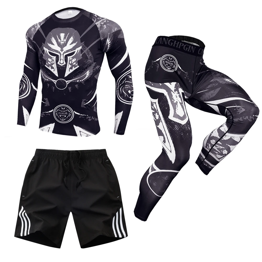 

Plus Size Running Sets 3 Pcs Sport Suits Compression Pants + Rashguards Sportswear Fitness Tights Workout Set Men Gym Tracksuits
