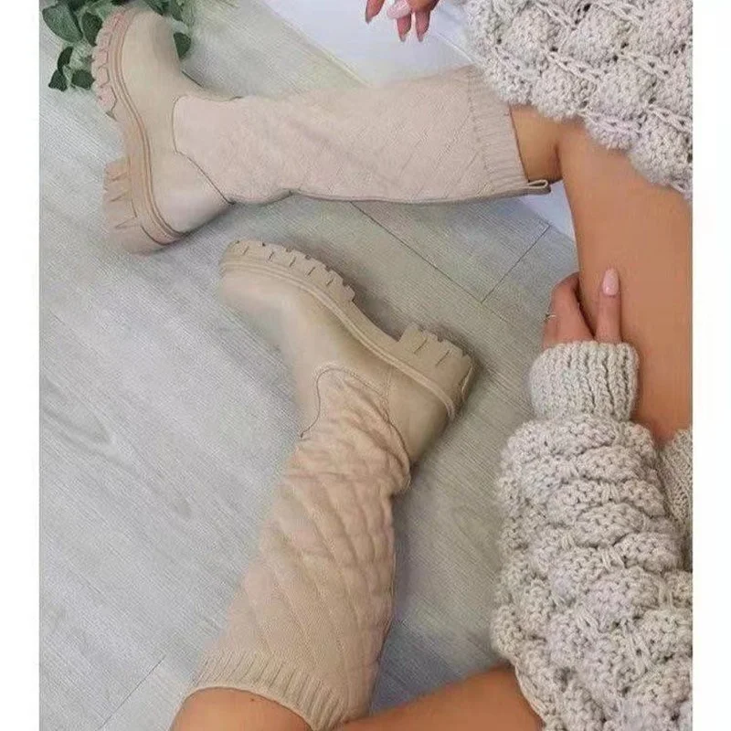 

New 2021 Fashion Chunky Platform Boots Women Autumn Winter Thick Bottom Long Boots Female PU Leather Knee High Botas Beige Black