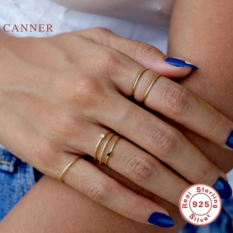 Кольцо CANNER Mini с черным бриллиантом 100% Стерлинговое Серебро 925 пробы позолоченные