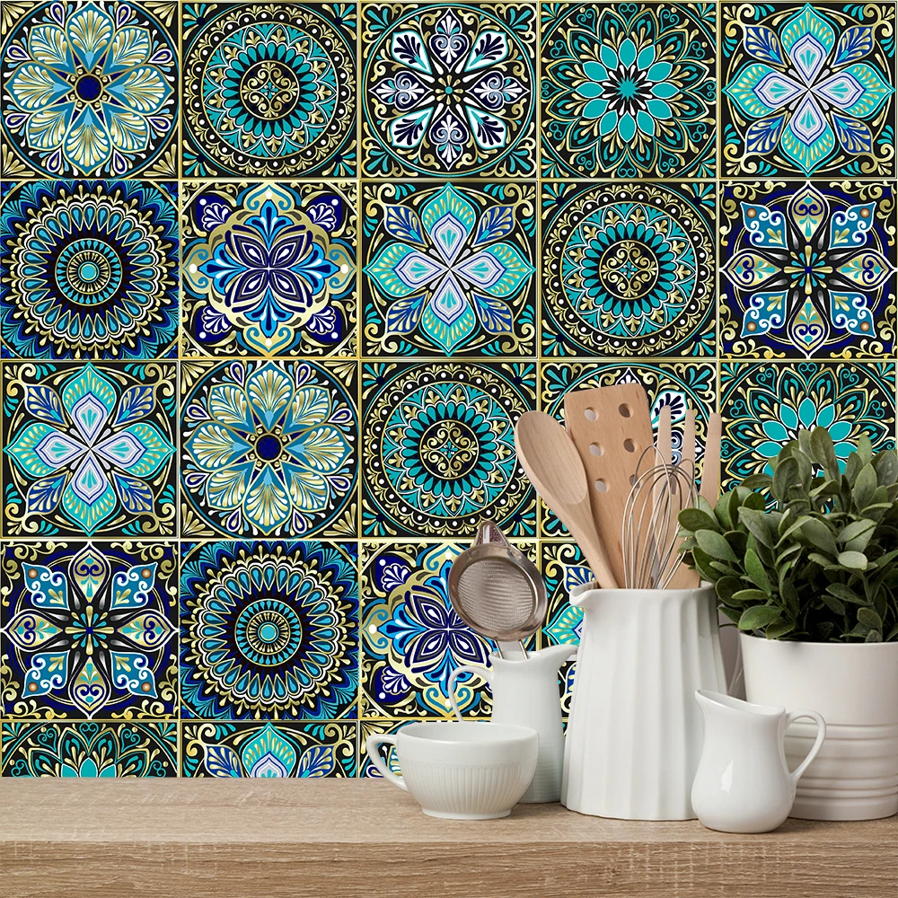 

10pcs Mandala Pattern Matte Tile Floor Sticker Transfers Covers Wear-resisting Vinyl Wallpaper Kitchen Bathroom Table Wall Decor