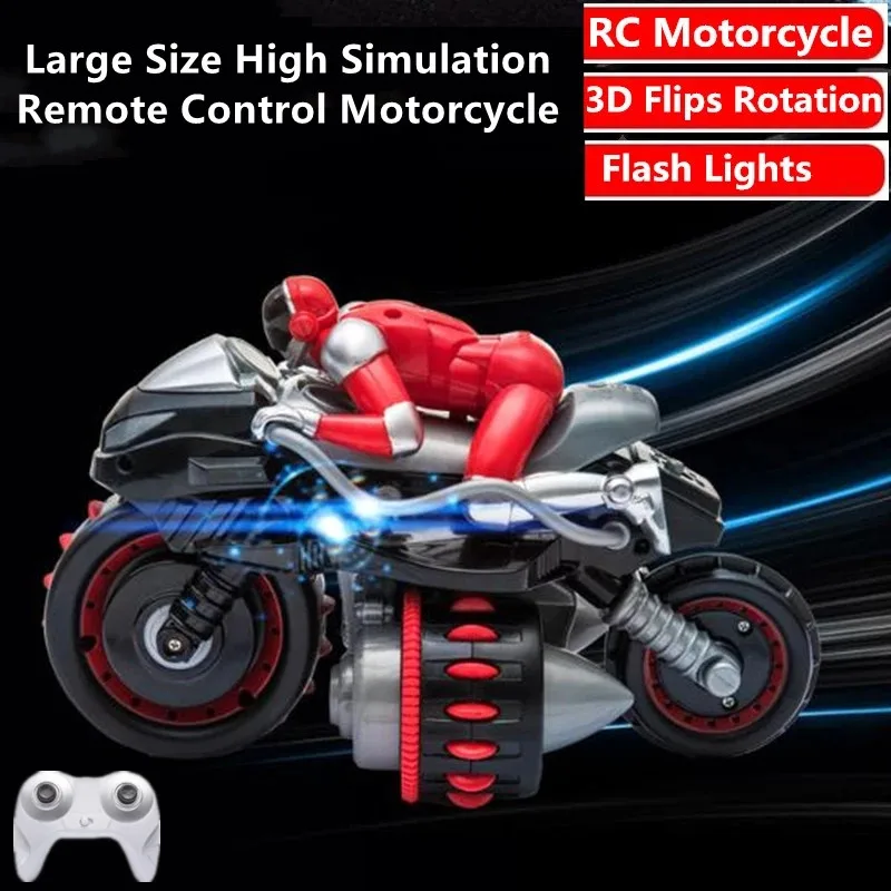 Large Size High Simulation Motorcycle 2.4G Remote Control Motorcycle Stunt Driving 3D Flips Rotation RC Stunt Motorbike Boy Gift