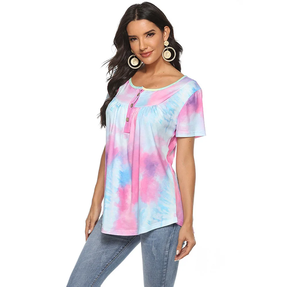 

SEBOWEL Casual Button Tie Dye Loose Short Sleeve Top T-shirt for Woman Summer 2020 Lady Plus Size Gradient Print Tees Clothes