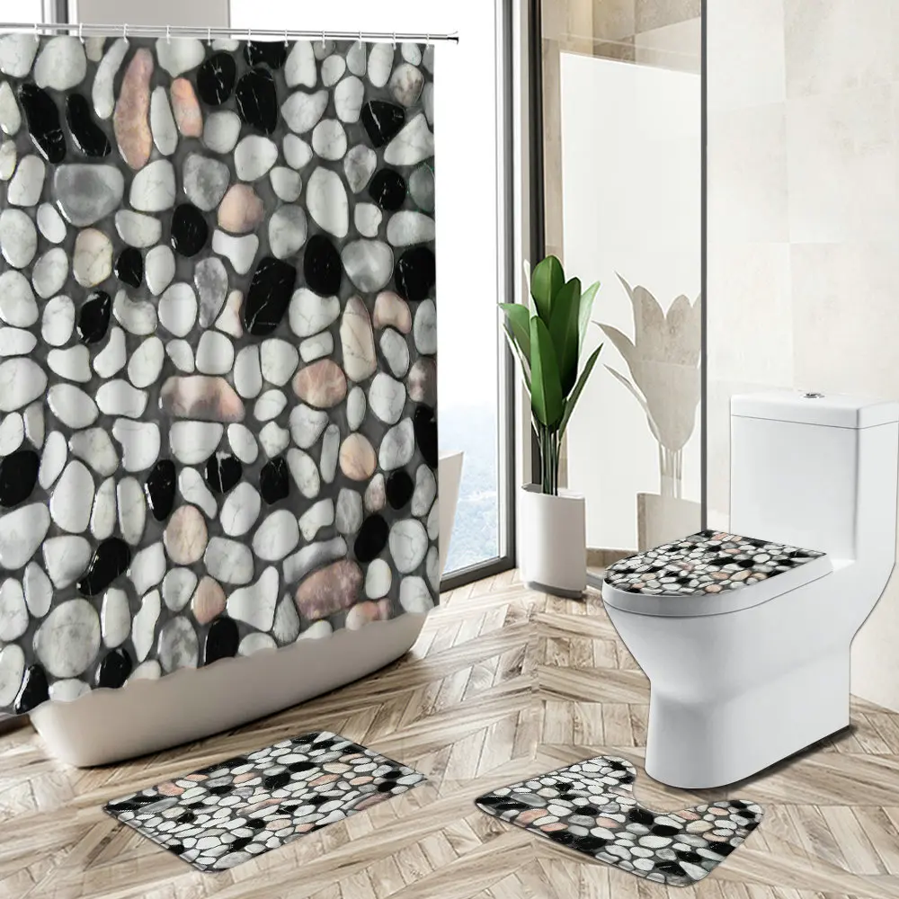 

Colorful Stone Shower Curtain Pebble Green Leaf Garden Decor Bathroom Non-Slip Carpet Toilet Cover Bath Floor Mat Set Washable
