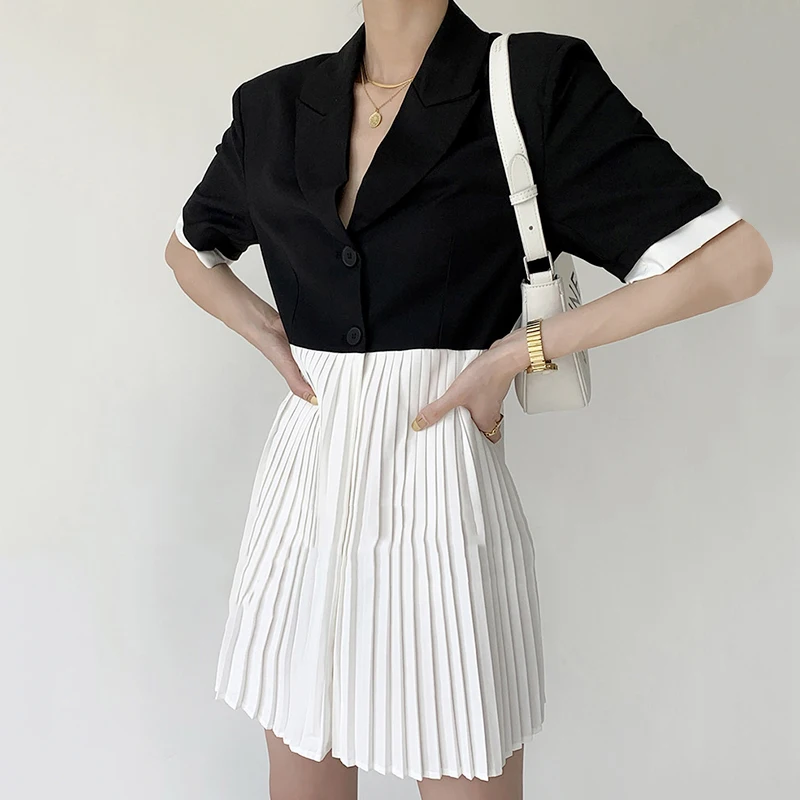 

Korejpaa Women Dress 2021 Summer Korean Fashion Elegant Two Button-down High Waist Loose Hit Color Stitched Pleated Dresses