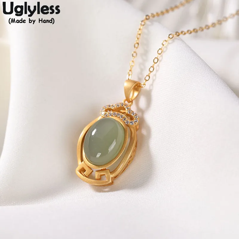 

Uglyless Simple Vintage Gemstones Necklaces for Women Natural Oval Jade Pendants + Chain 925 Silver Crystals Necklace Gold Jewel