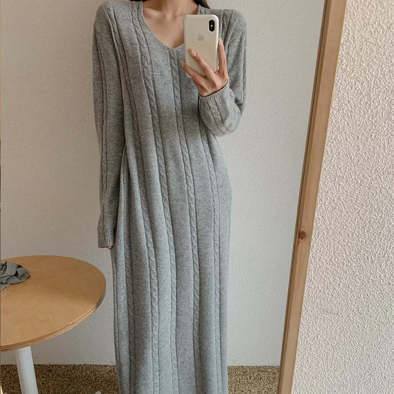 

2020 Korean Elegant Bandage V-Neck Loose Long Sweater Dress Vintage Warm Autumn Winter Knitted Sweater one-piece dress Femme