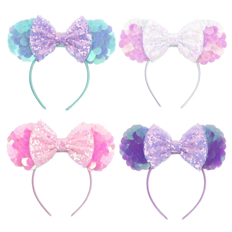 

Disney 1 Piece Of Mickey Ears Fashion Girl Big Sequin Headscarf Candy Color Bow Cute Ear Buckle Amusement Park Headband