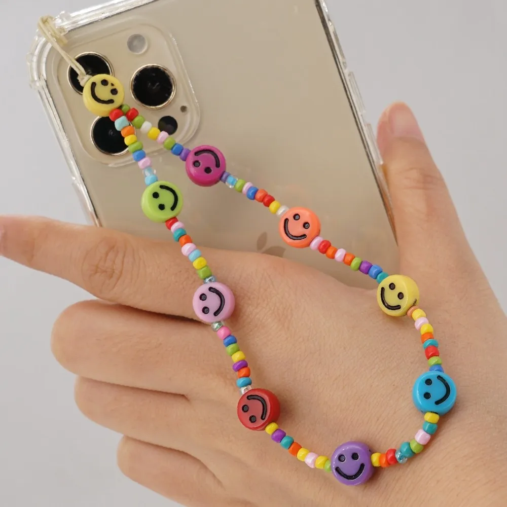 

Go2Boho Smiley Strap For Phone Chain Mobile Chains Phone Beads String Colorful Lanyard Fashion Smile Face Telephone Jewelry 2021