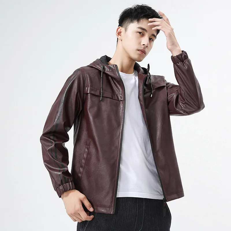 

Men's PU Leather Coat Jacket Zip Up Slim Biker Motorcycle Jacket Hooded Outwear Warm Winter Oversize New 2022