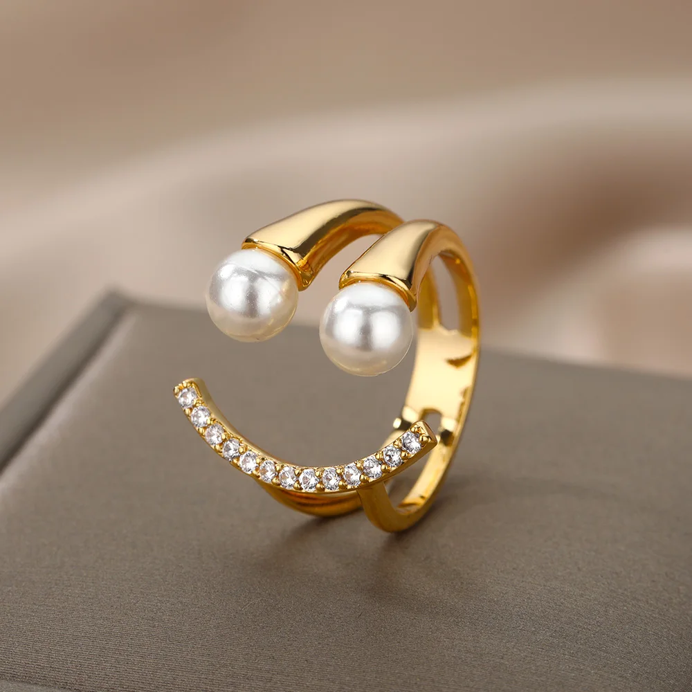 

Smiley Simulated Pearl Rings For Women Girls Zircon Crystal Engagement Wedding Ring Open Cuff Finger Rings Kpop Vintage Jewelry