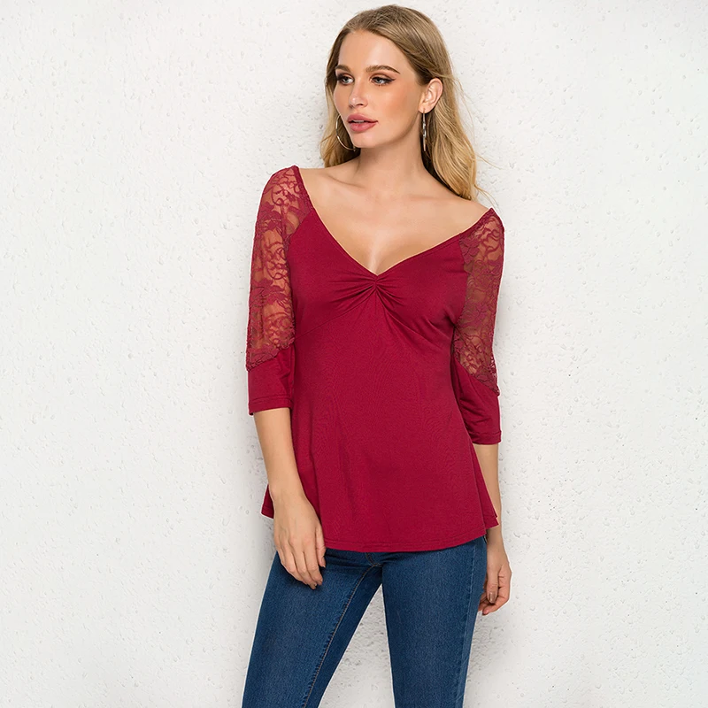 Модные женские топы Свободные однотонные пикантные кружевные лоскутные