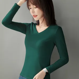 Женская хлопковая футболка с длинным рукавом и круглым вырезом