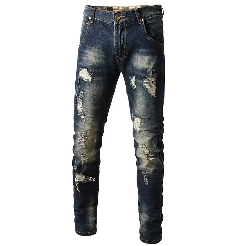 

New Arrivals Men's Fashion Jeans Elastic Embroidery Jeans Men's Ripped Biker Denim Pants