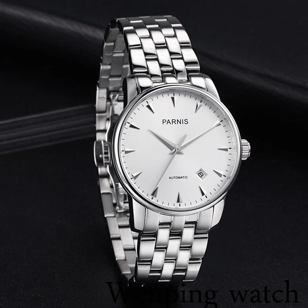 

New Parnis 38MM Automatic Mechanical Men Watch Silver Case Blue Hands Stainless Steel Bracelet Calendar Miyota Movement