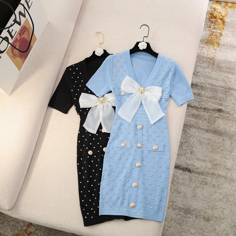 

High Waist Slimming Knitted Dress Women V Neck Short Sleeve Single Breasted Bow Beaded Dress 2021 Autumn New Mini Elegant Dress