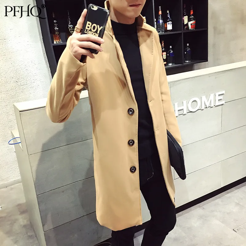

PFHQ 2021 Autumn Winter New Men's Fashion Solid Color Notched Single breasted Korean Style Slim Mid-length Trench Coat 21E5627