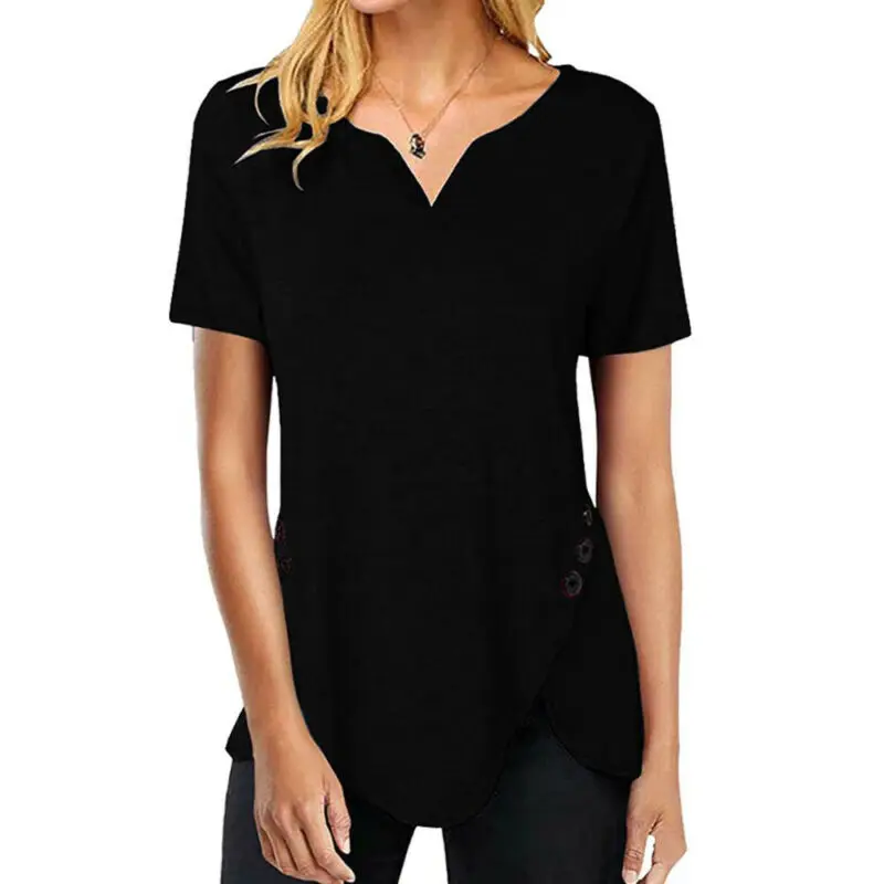 

Cofekate Women Tshirts 2021 V Neck Zip Solid T-shirt S-5XL Ladies Short Sleeve Slim Tops Irregular Hem with Button Woman Tshirts
