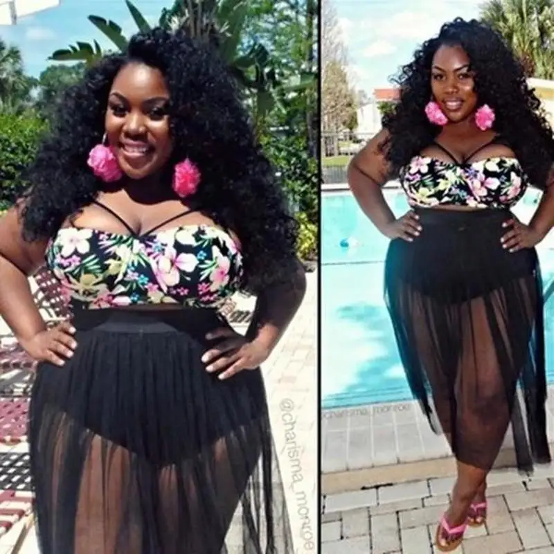 

Women Floral Printed High Waist Swimsuit Two Piece Black Mesh Bikini Swimwear Swimsuit Plus Size