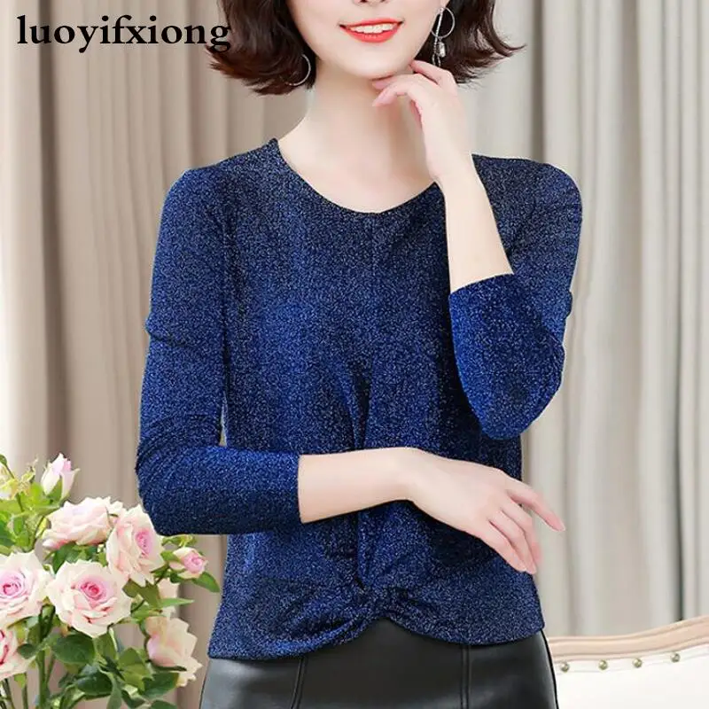 Мода люрекс блузка женские рубашки с длинным рукавом в Корейском стиле блестящие