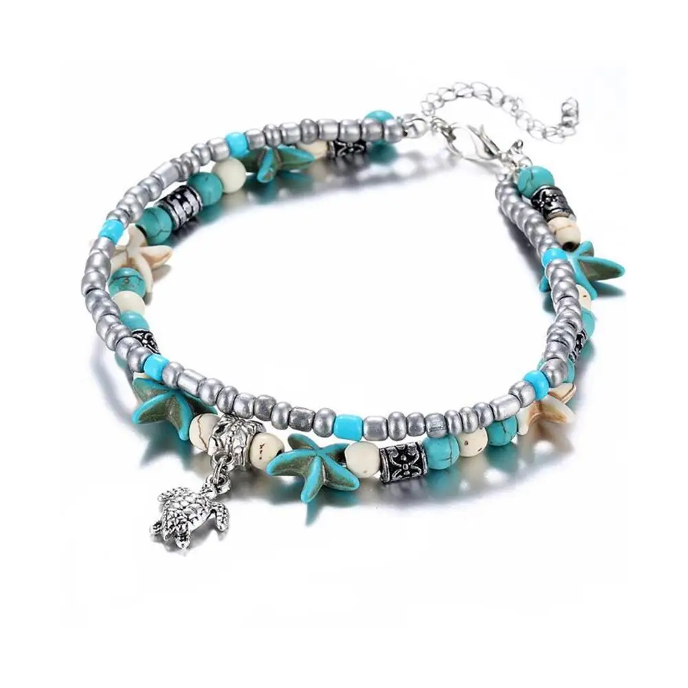 Браслет двухслойный Женский на ногу анклеты из золотистой ракушки с кулоном