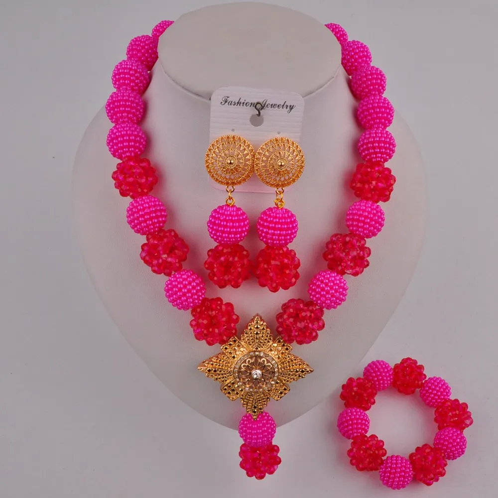 

Nigeria Wedding Fuchsia Pink Crystal Ball Imitation Pearl Bridal Jewelry Africa Fashion Costume Jewelry Set Bead LS-26