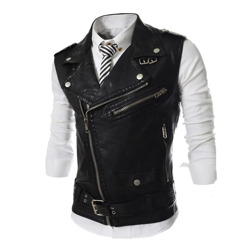 

High Quality Summer Mens Casual Fashion PU Leather Lapel Collar Male Zipper Vest Slim Fit Sleeveless Chalecos Para Hombre